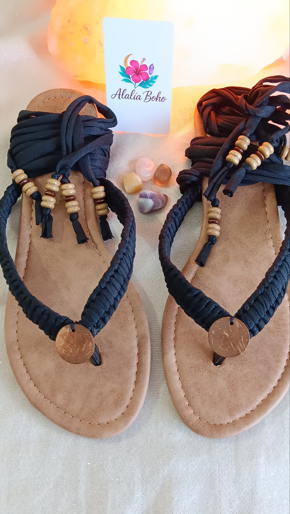 Sandalias artesanales negro-madera Size 9