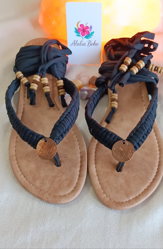 Sandalias artesanales negro-madera Size 9