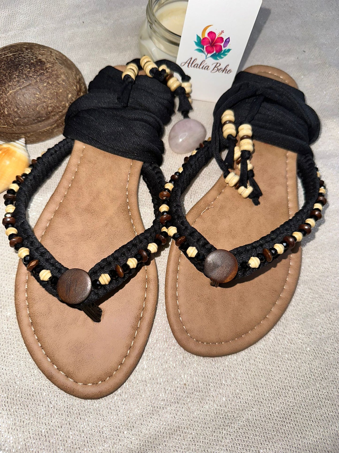 Sandalias Únicas Negras,Madera y Brillos Size 7