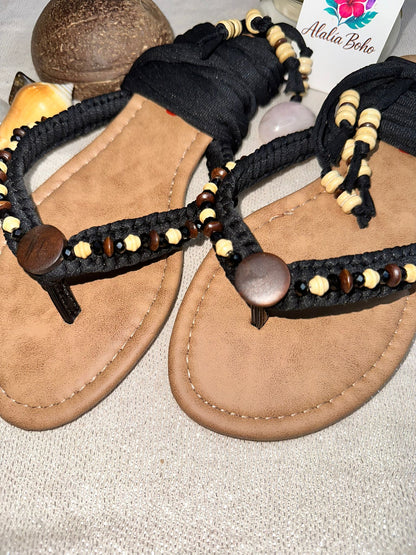 Sandalias Únicas Negras,Madera y Brillos Size 7